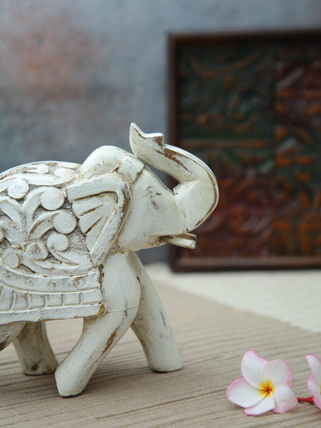 Decorative Wooden Elephant - White